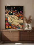 Space poster showing astronaut in floral landscape with orange pink teal blue and yellow colors