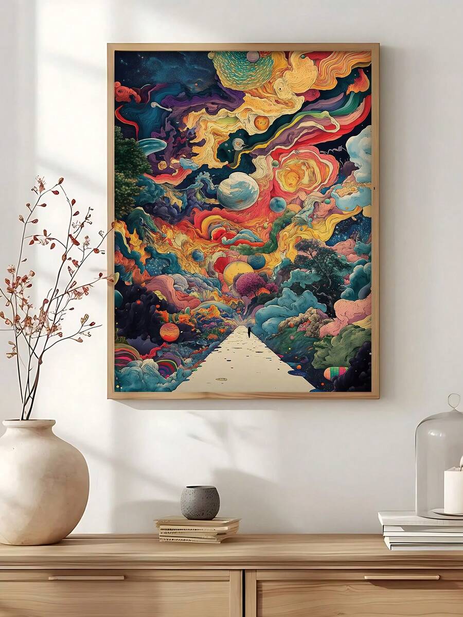 Surreal astronaut poster displayed in room with multicolor maximalist space artwork
