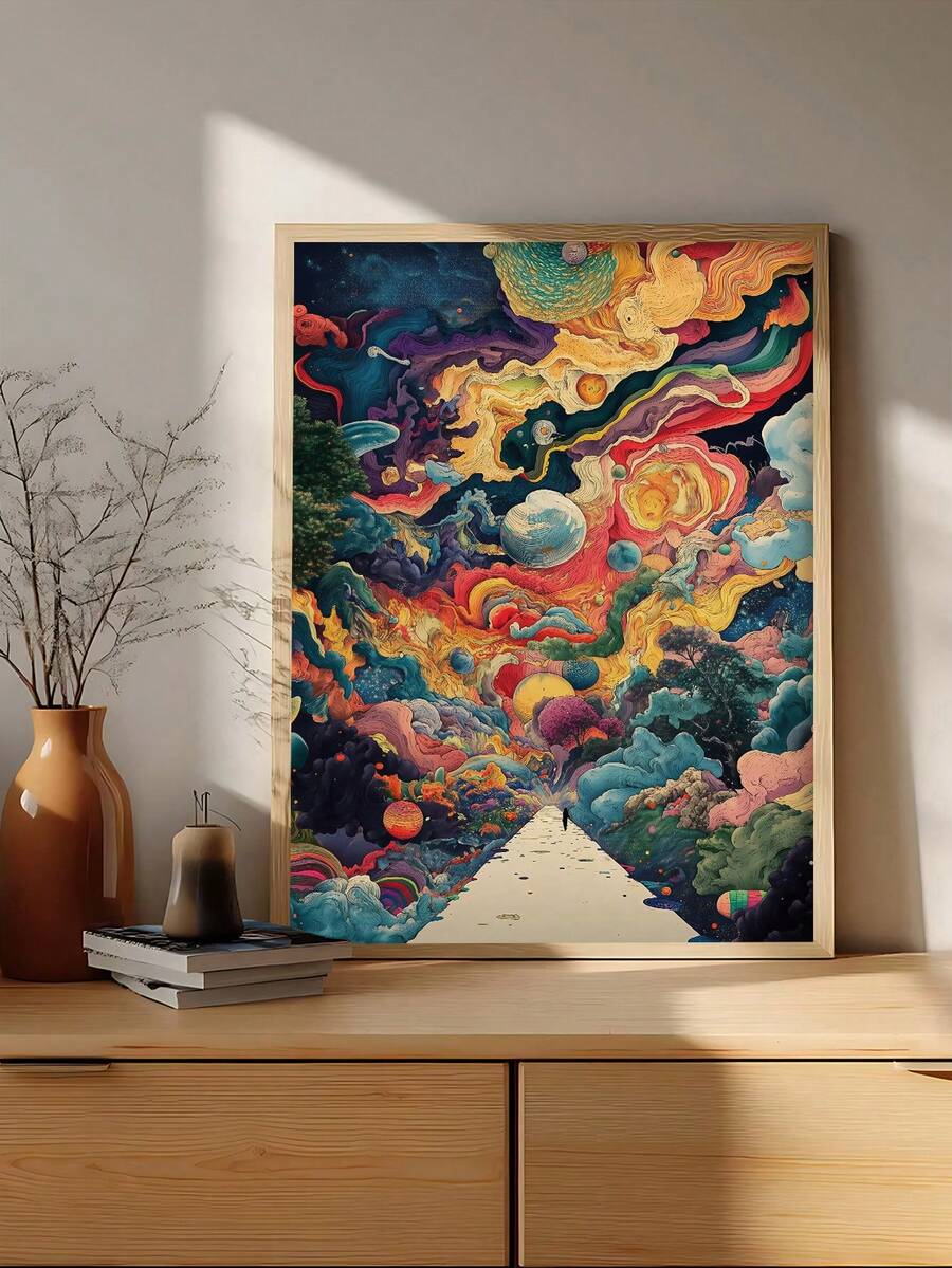 Cosmic flower print with astronaut planets and boho modern fantasy wall decor