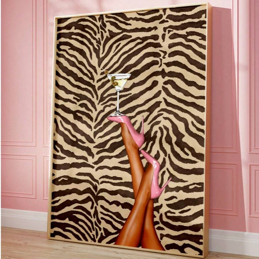 Pink high heel poster with martini glass and zebra backdrop