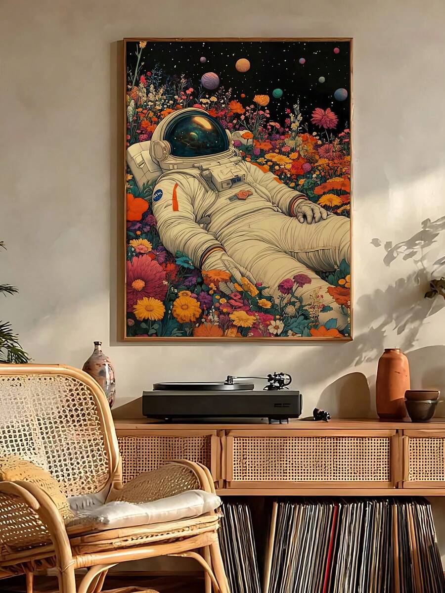 Psychedelic space art framed mockup with sci-fi astronaut and abstract galaxy background