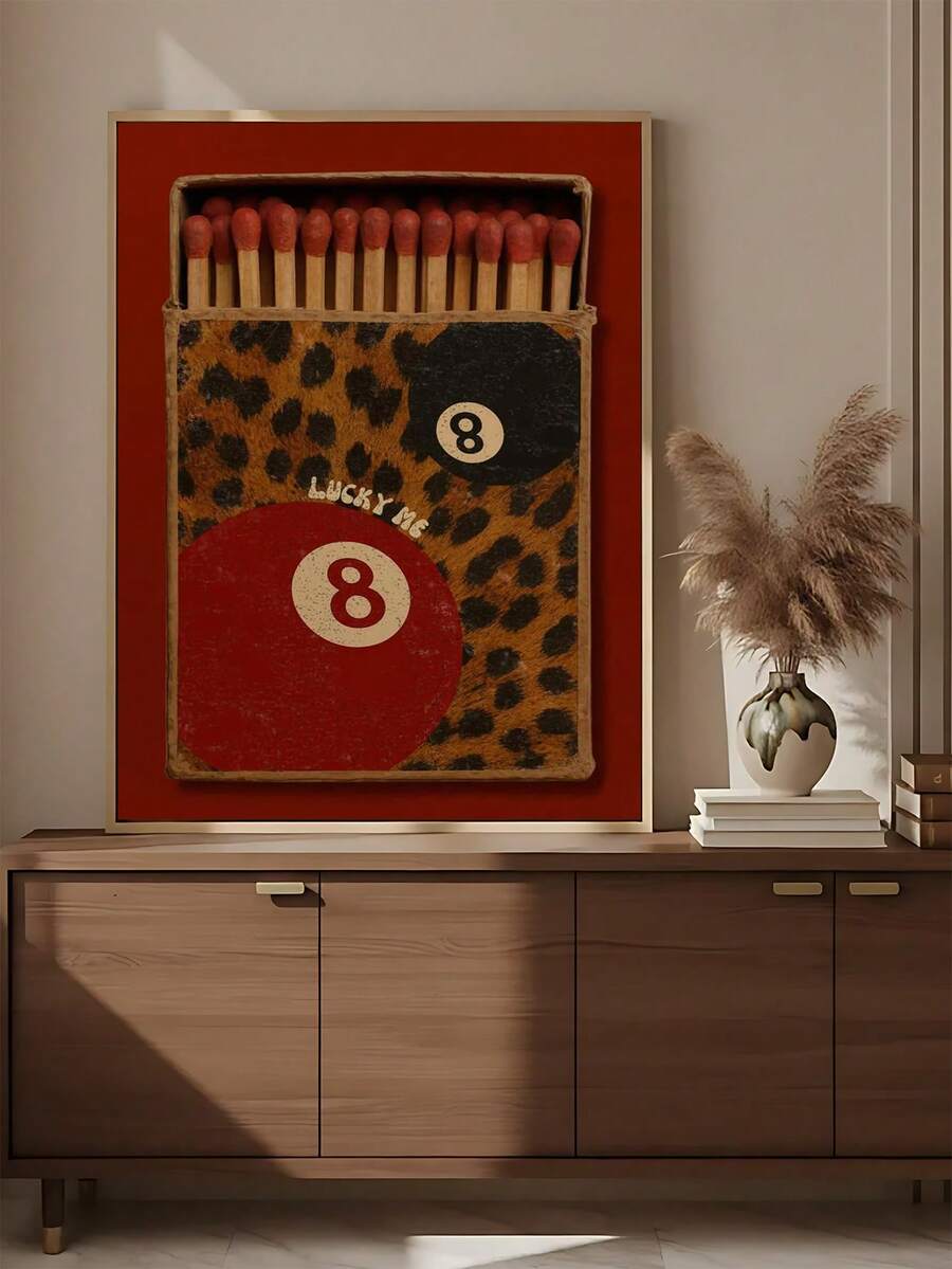 Leopard wall art ace of spades matchbox print leaning in warm room with red matches