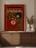 Matchbox print Lucky Me 8-ball artwork on sideboard with leopard pattern and red border