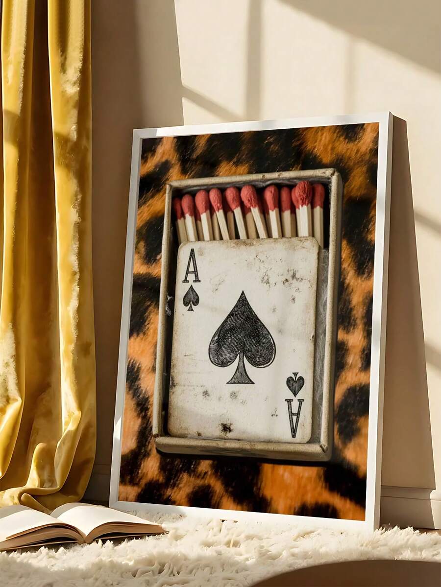 Retro wall art ace card poster in white frame near curtain with worn vintage texture