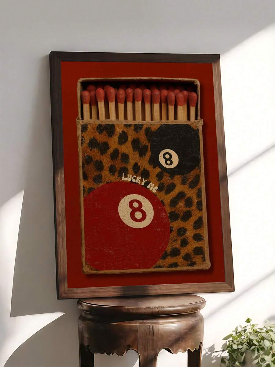 8 ball wall art close view on small table with leopard print matchbox design