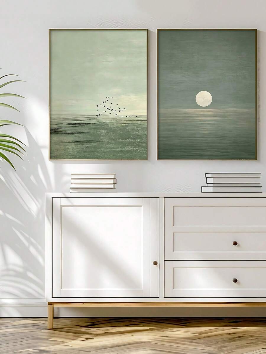 Minimalist sage green sunset landscape poster set in framed living room mockup