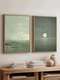 Two-piece gray green abstract landscape canvas poster set with ocean horizon and birds