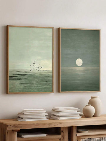 Two-piece gray green abstract landscape canvas poster set with ocean horizon and birds
