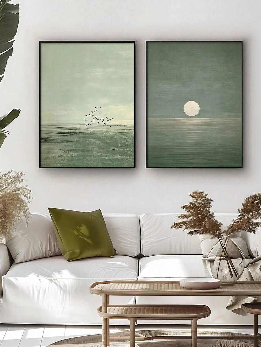 Two-piece gray green abstract landscape canvas poster set with ocean horizon and birds