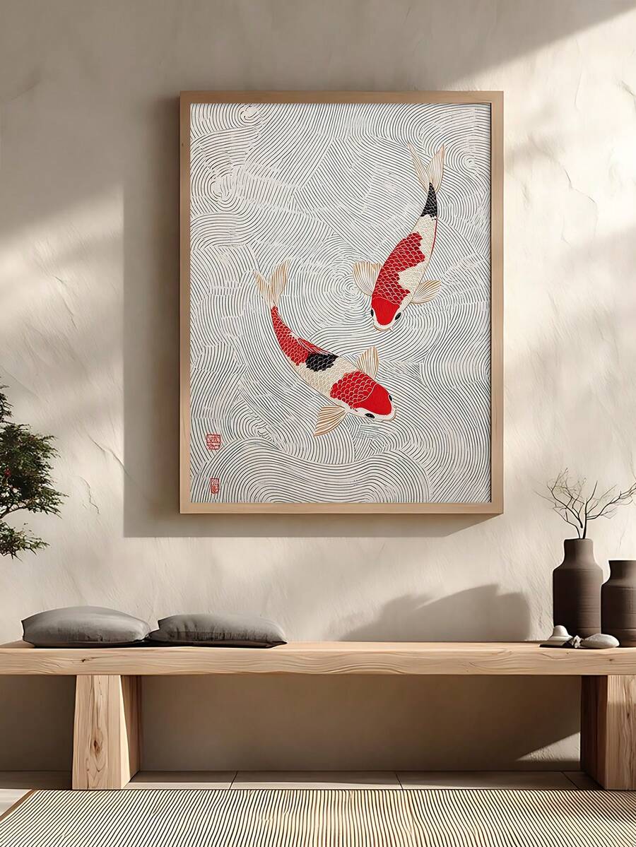 Framed Japandi forest landscape print on console