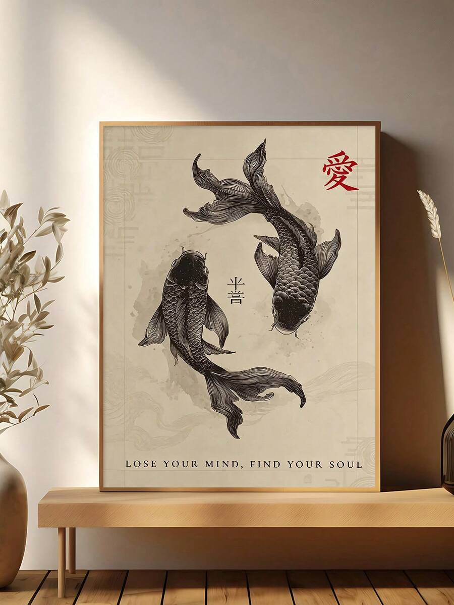 Koi fish typography wall art in warm wood frame