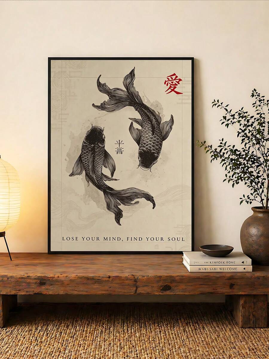 Japanese koi print in black frame on neutral wall
