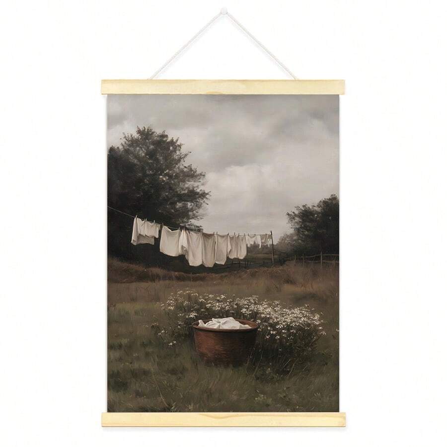 Vintage laundry landscape print in ornate gold frame on dresser
