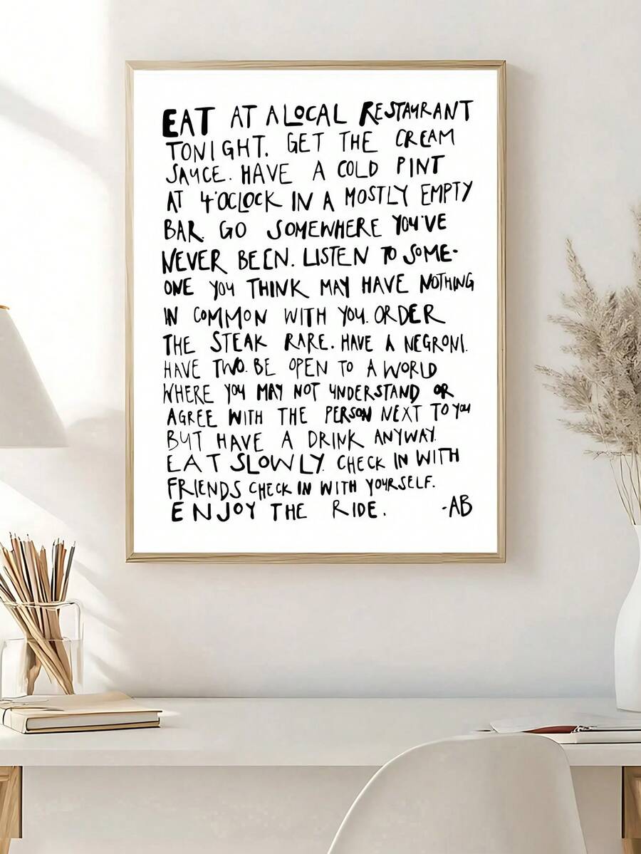 Food travel quote art styled above neutral bed