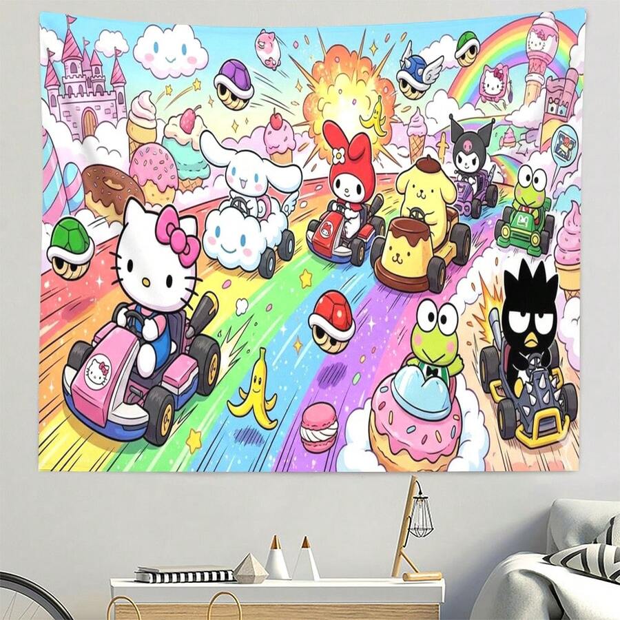 Cute cartoon racing tapestry with rainbow road backdrop
