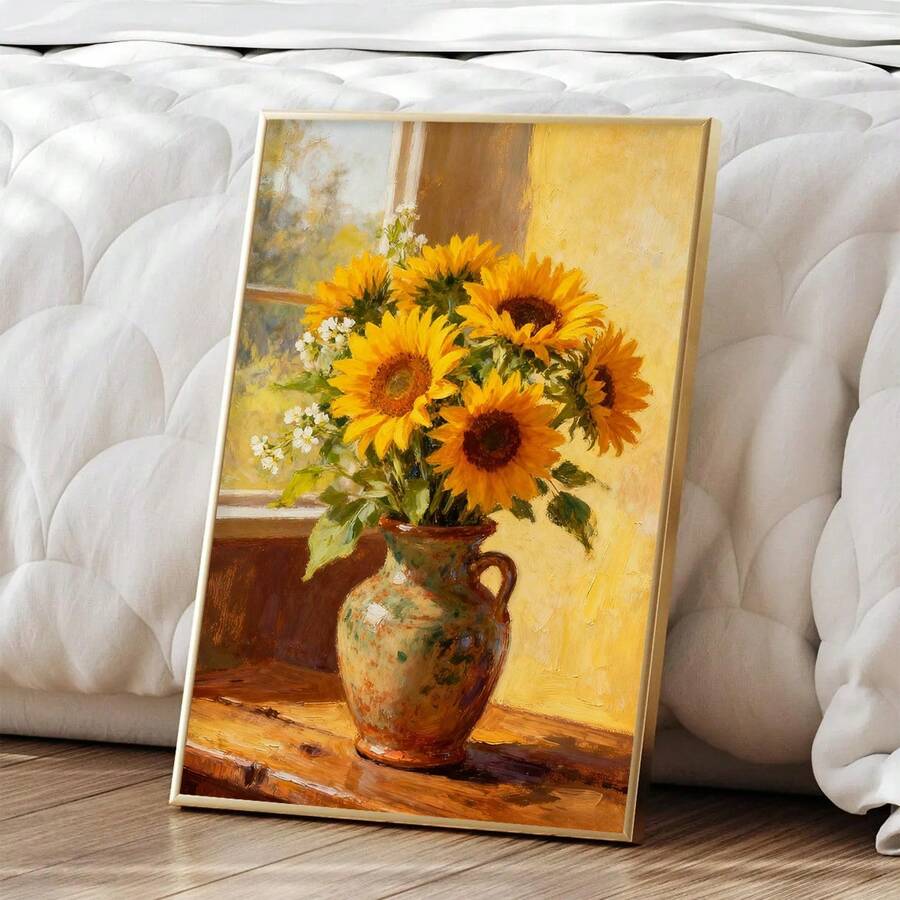 Vintage sunflower wall art with yellow flowers in ceramic vase by sunny window