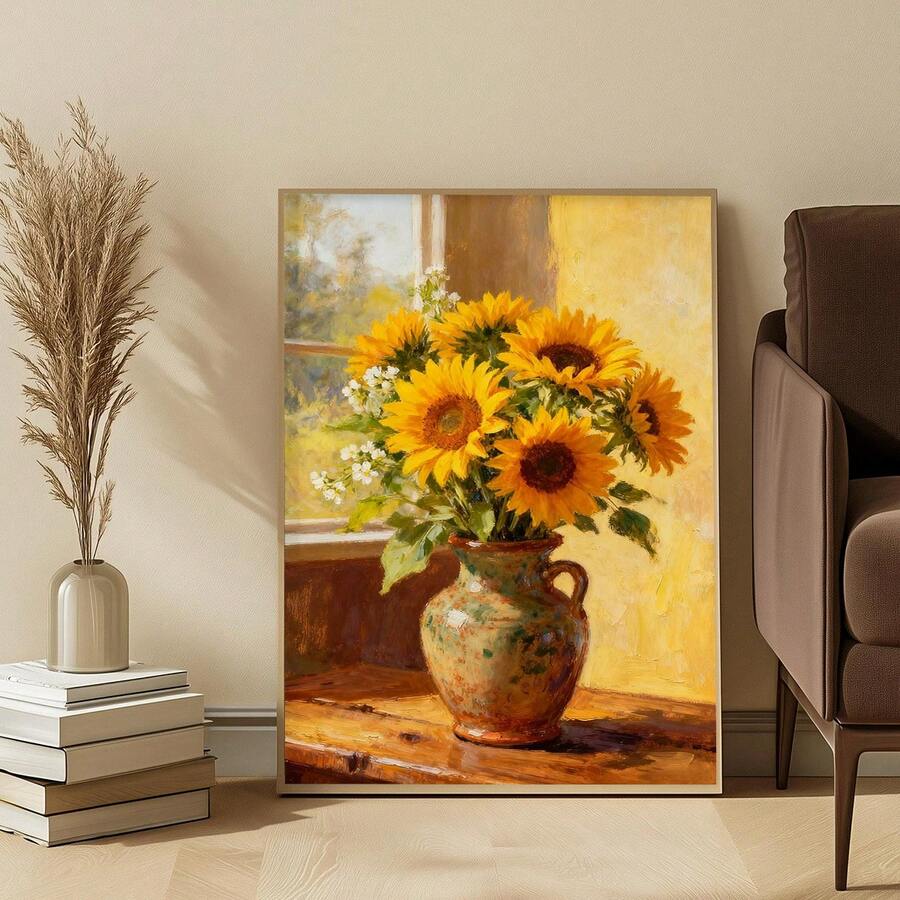 Vintage sunflower wall art with yellow flowers in ceramic vase by sunny window