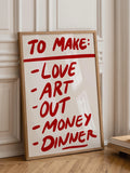 Red script wall art styled in kitchen with oranges