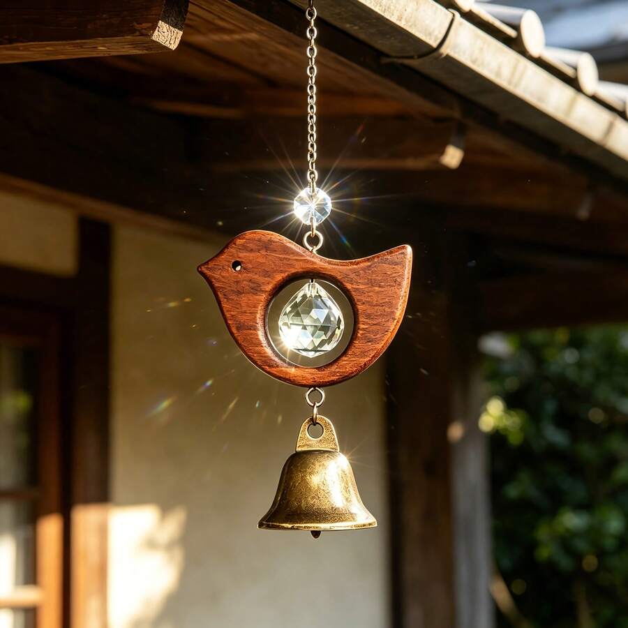 Wooden bird sun catcher hanging by curtain with silver chain and S-hook.
