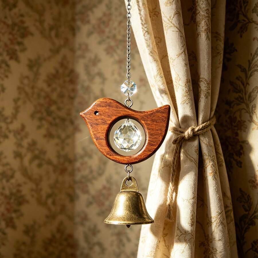 Vintage wooden bird wind chime with clear crystal belly and brass bell.