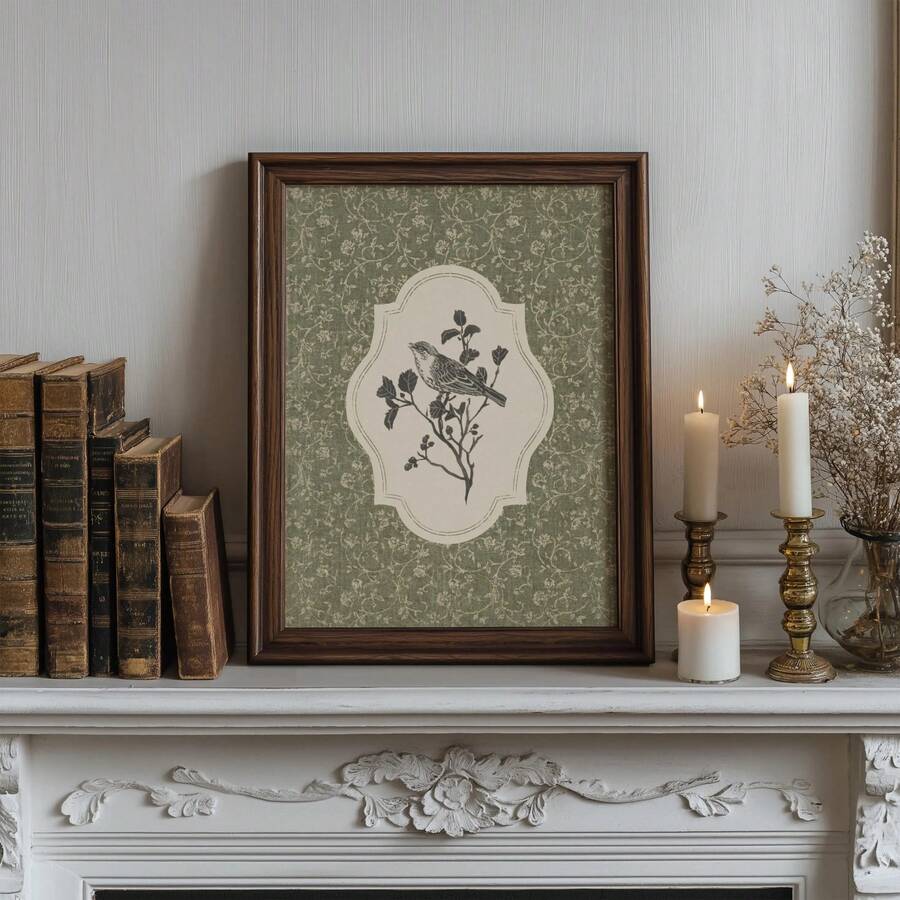 Botanical print with ornate label medallion floral pattern and farmhouse wood frame