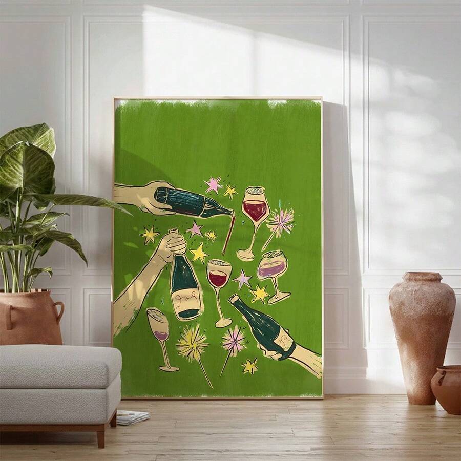 Wine canvas print in green red pink and cream retro colors