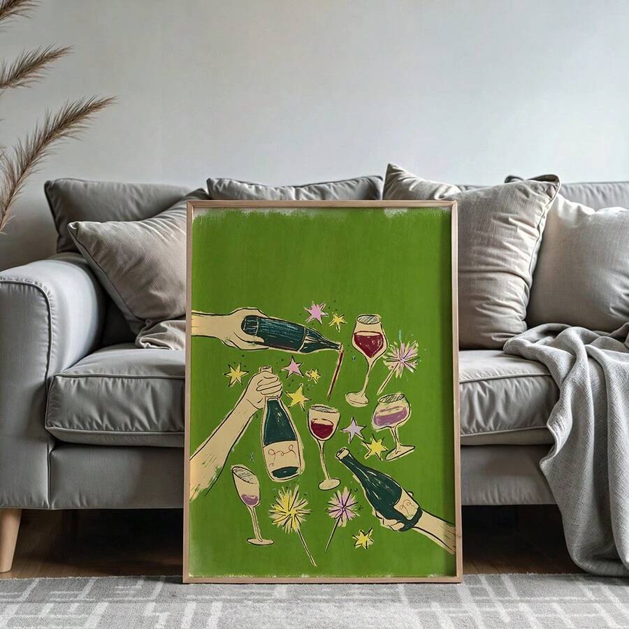 Mid-century cocktail print with wine bottles glasses and starbursts