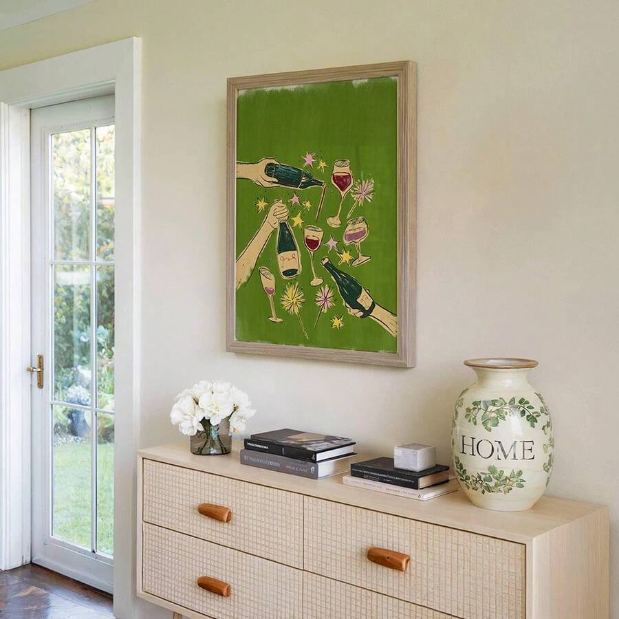 Bar area wall decor shown above console in wood frame