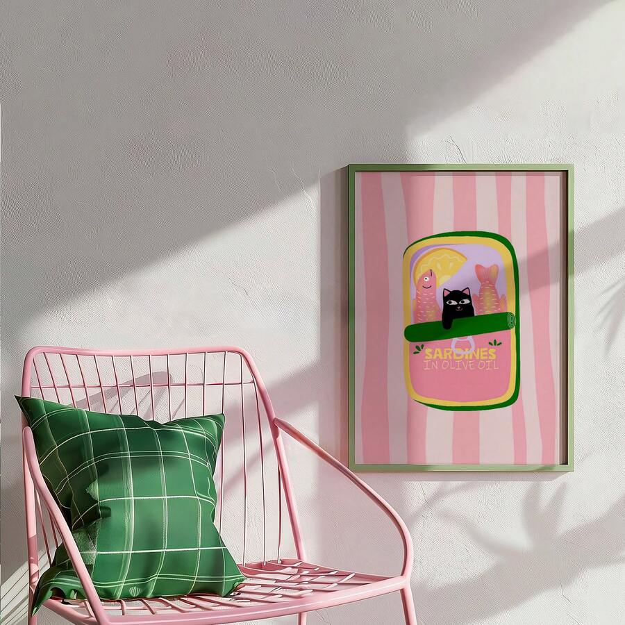 Black cat sardines tin poster on pink shelf