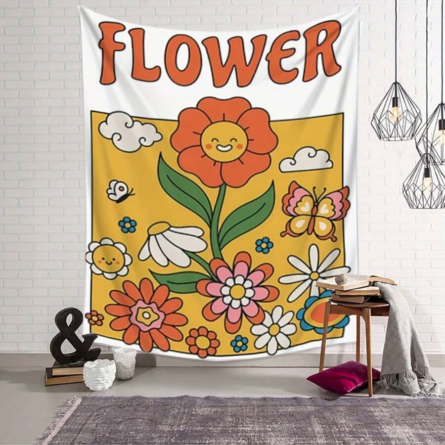 Butterfly Tapestry, Charming Daisy & Butterfly Cartoon Print Tapestry