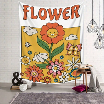 Butterfly Tapestry, Charming Daisy & Butterfly Cartoon Print Tapestry