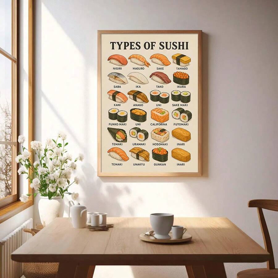 Types of Sushi framed illustrated chart above dining table near window
