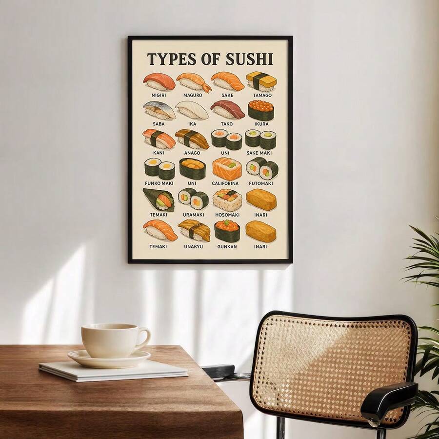 Types of Sushi framed illustrated chart above dining table near window