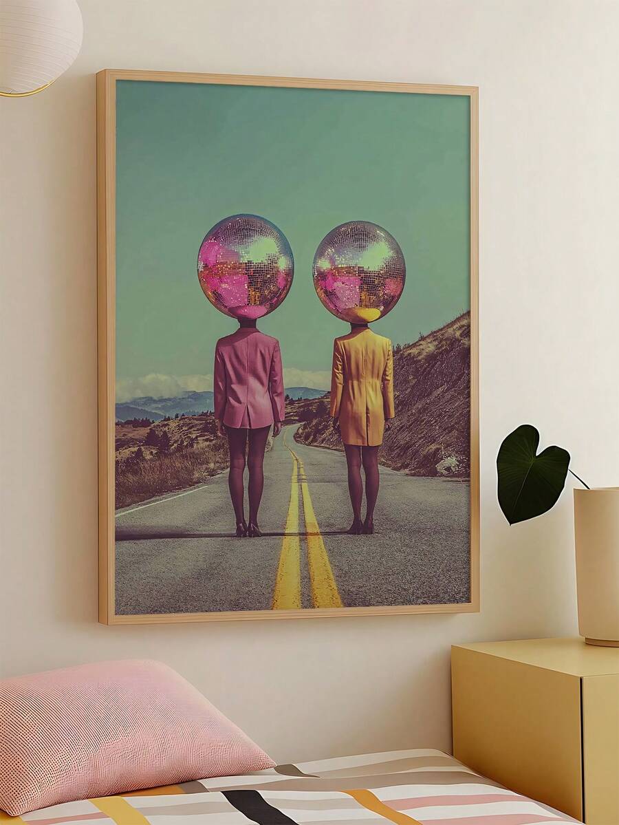 Surreal disco ball canvas wall art on desert road