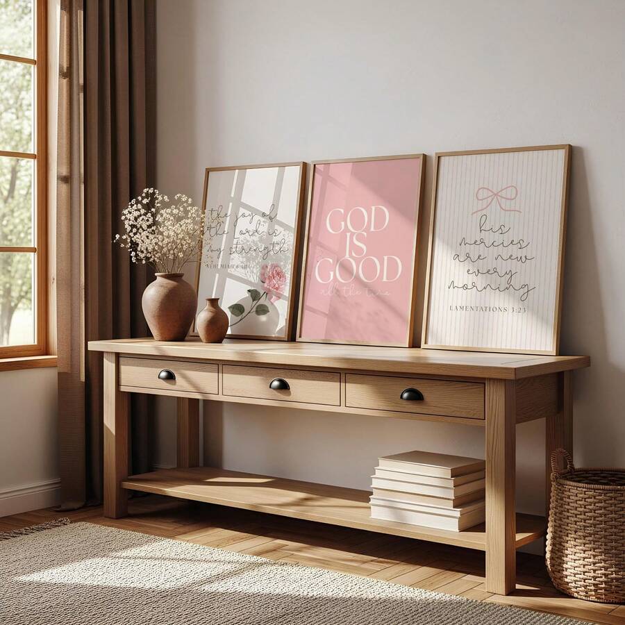 God is good print with cream pink beige and light wood frame for prayer room