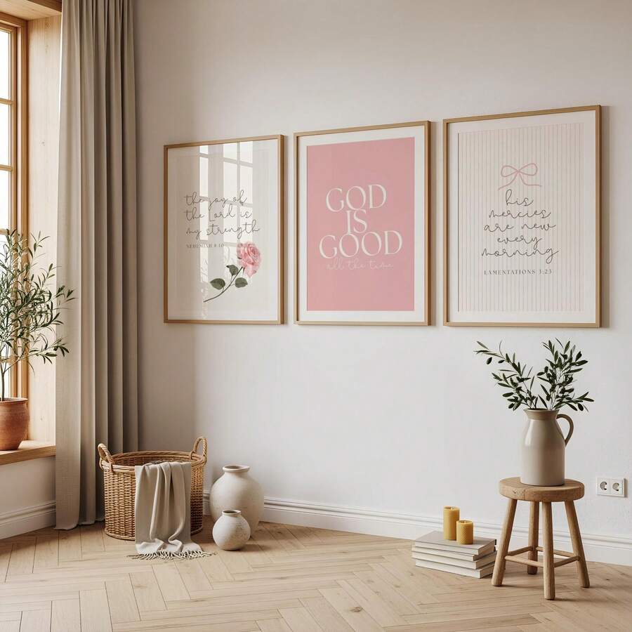 Scripture print set with joy of Lord and his mercies quotes in soft faith decor