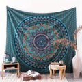 Dark navy mauve floral mandala tapestry shown near sofa decor