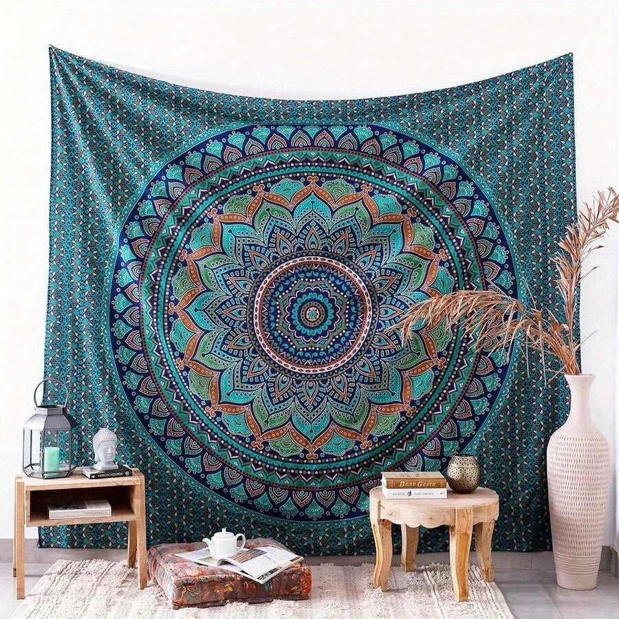 Dark navy mauve floral mandala tapestry shown near sofa decor