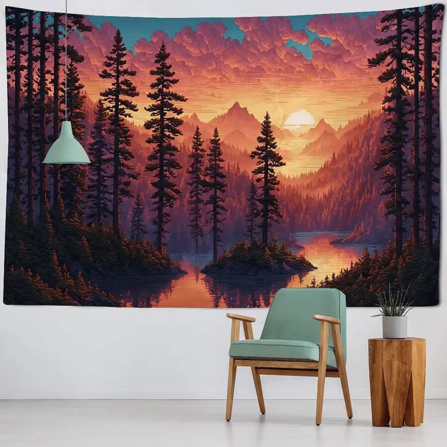 Colorful mountain tapestry with sunset lake pine forest and glowing sky