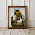 Boho floral woman portrait wall art in wood frame