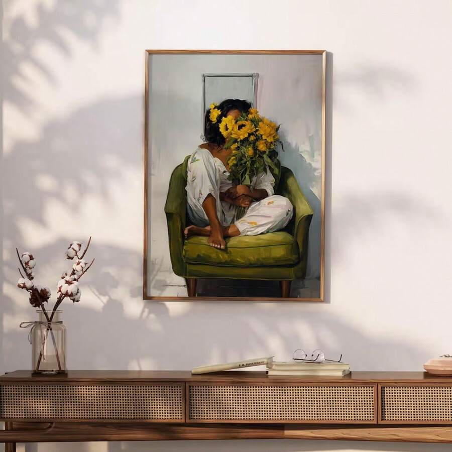 Sunflower bouquet portrait print leaning in bright room