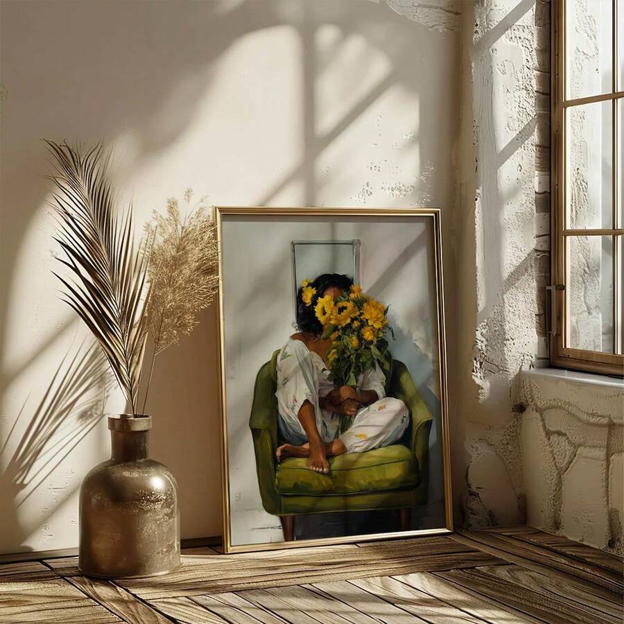Sunflower woman portrait wall art in gold frame