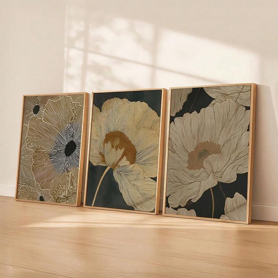 Black gold floral print set with line art petals