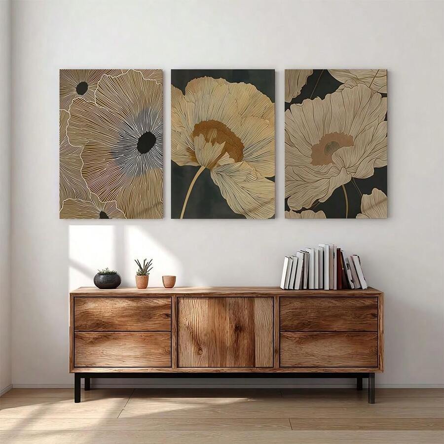 Floral line art triptych above modern console