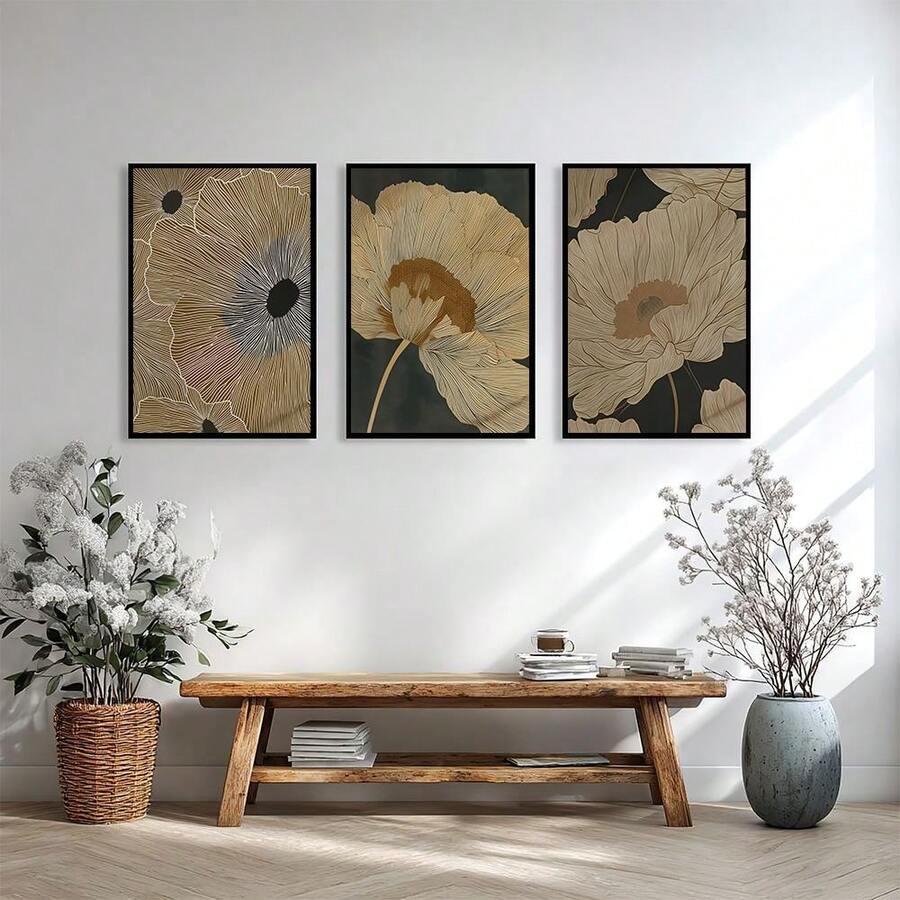 Triptych wall art in warm neutral boho room