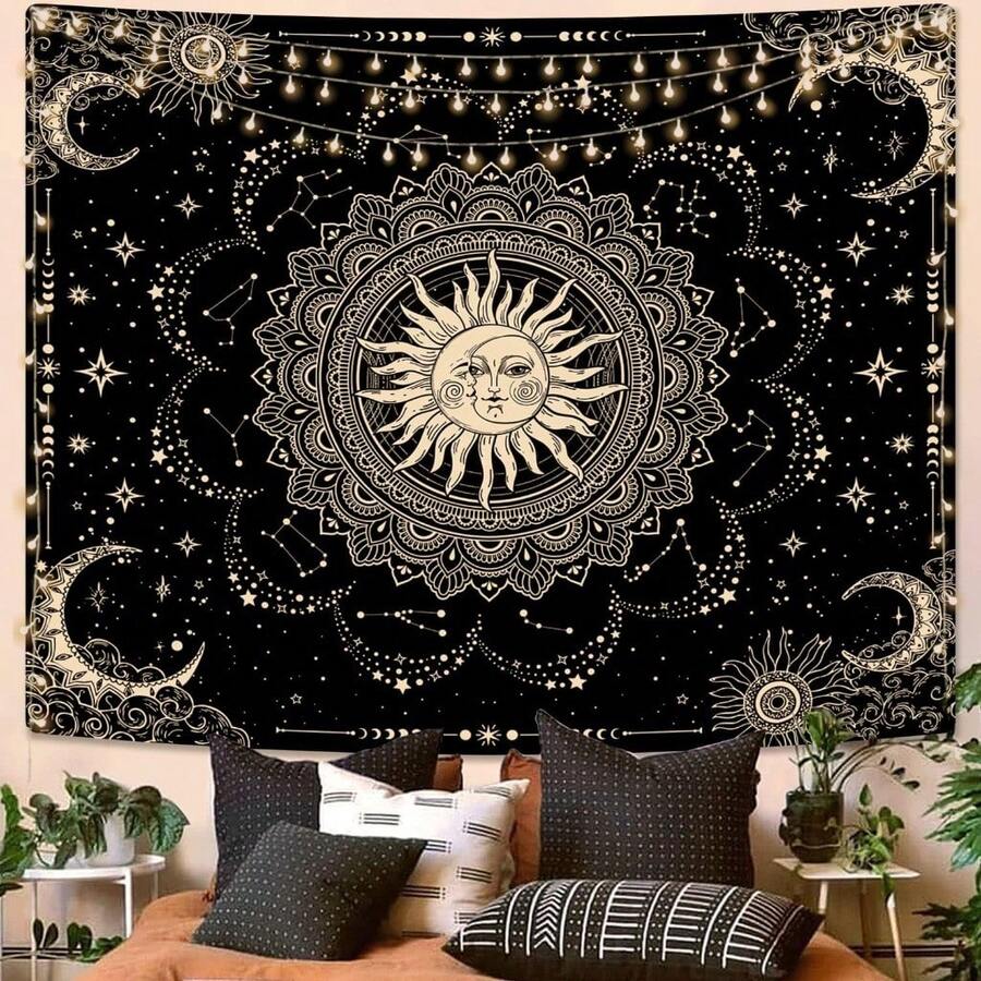 Aesthetic Black Dark Spiritual Tapestries, Moon Tapestry, Mystic Burning Sun With Clouds Star Wall Decor