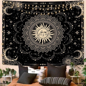 Aesthetic Black Dark Spiritual Tapestries, Moon Tapestry, Mystic Burning Sun With Clouds Star Wall Decor
