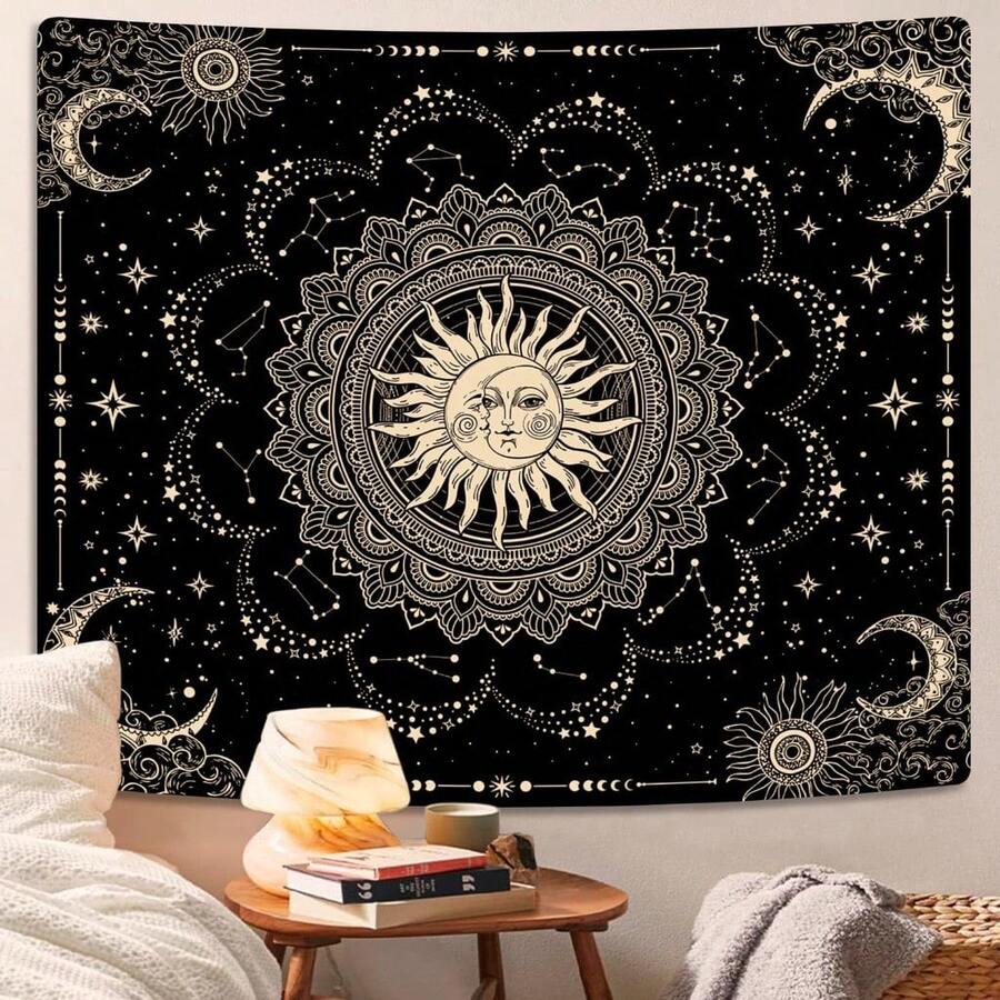 Aesthetic Black Dark Spiritual Tapestries, Moon Tapestry, Mystic Burning Sun With Clouds Star Wall Decor