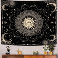 Aesthetic Black Dark Spiritual Tapestries, Moon Tapestry, Mystic Burning Sun With Clouds Star Wall Decor Tapestry