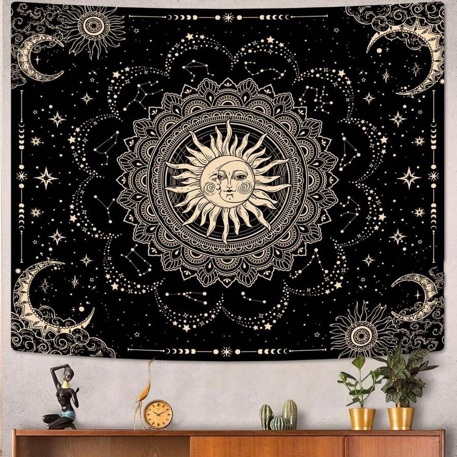 Aesthetic Black Dark Spiritual Tapestries, Moon Tapestry, Mystic Burning Sun With Clouds Star Wall Decor Tapestry